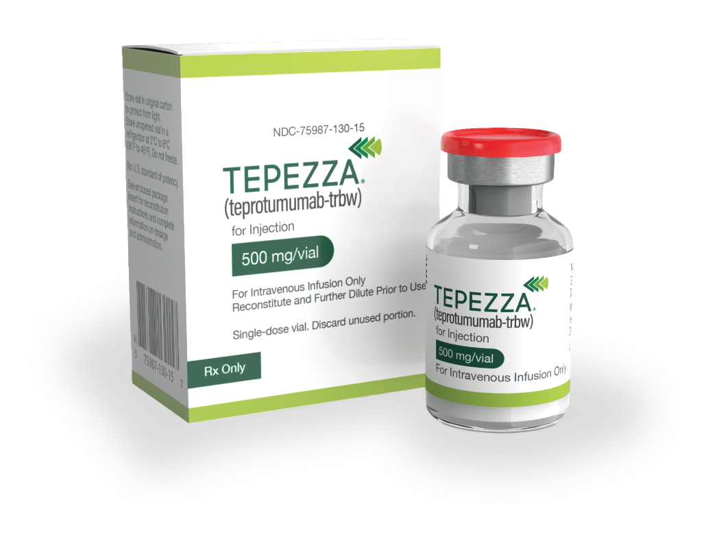 Image of TEPEZZA box next to 500mg TEPEZZA